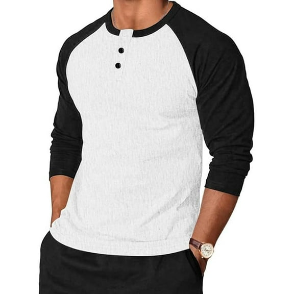 SYMOID Mens Long Sleeve Henley Shirt - White Raglan Sleeve, Soft Stretch Polyester-Spandex, Inclusive Sizes M-XXXXXL for Casual Daily Wear & Layering,Size M