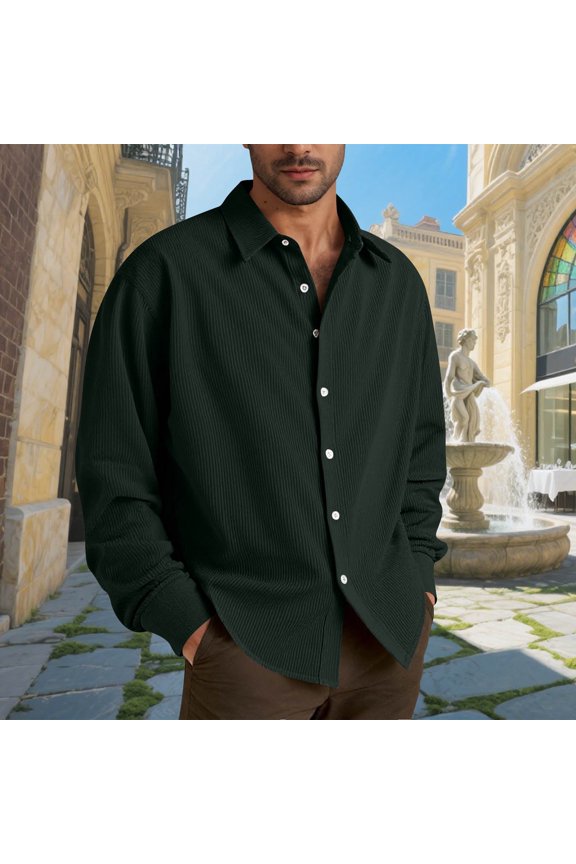 Mens Long Sleeve Shirt Green 100% Polyester Oversized Corduroy-Inspired, Wrinkle Resistant Machine Washable S-XXXL for Casual & Layering,Size M
