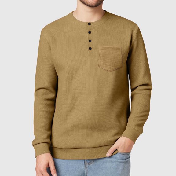SYMOID Mens Long Sleeve Waffle Knit Henley Shirt - Stretchy, Soft, with Chest Pocket & 4-Button Placket, Beige, S-XXL Sizes for Casual/Layering (Fall/Spring),Size XL