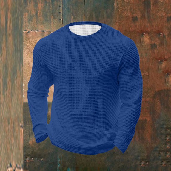 SYMOID Mens Long Sleeve Waffle Knit Shirt - Slim Fit Crew Neck, Stretch & Breathable, Blue, Sizes S through XXXXXL,Size 3XL