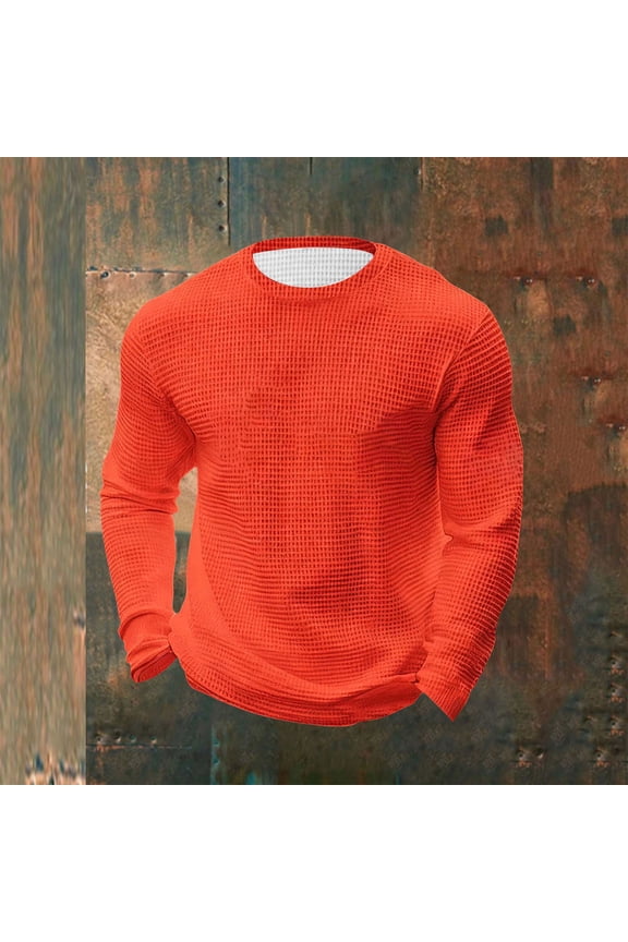 Mens Long Sleeve Waffle Knit Shirt - Slim Fit Crew Neck, Stretch & Breathable, Orange, Sizes S to XXXXXL,Size 4XL