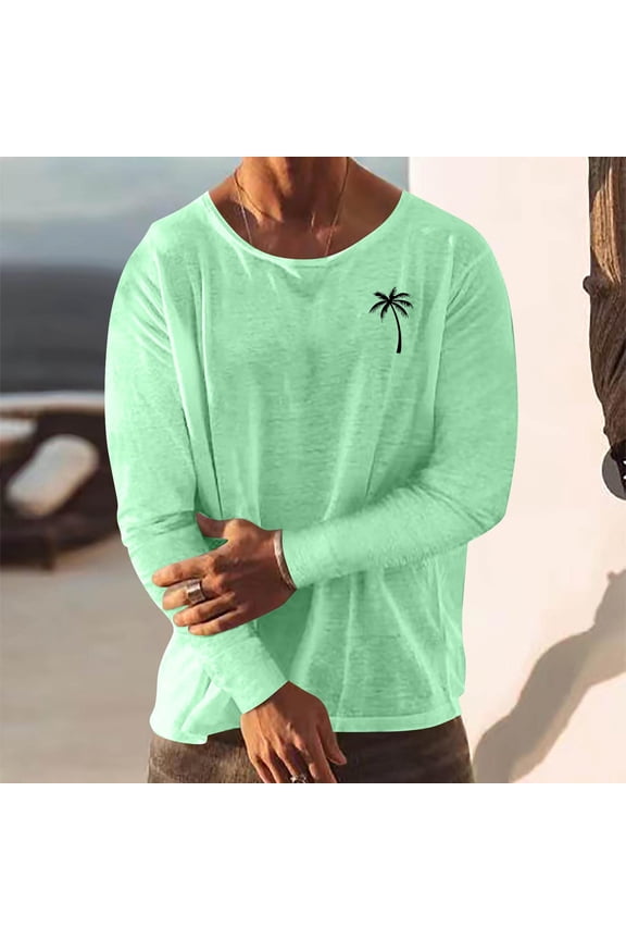Mens Mint Green Palm Tree Print Long Sleeve Top - 100% Polyester Relaxed Fit, Tropical Casual for Daily & Vacation Wear, Sizes M to XXXL,Size M