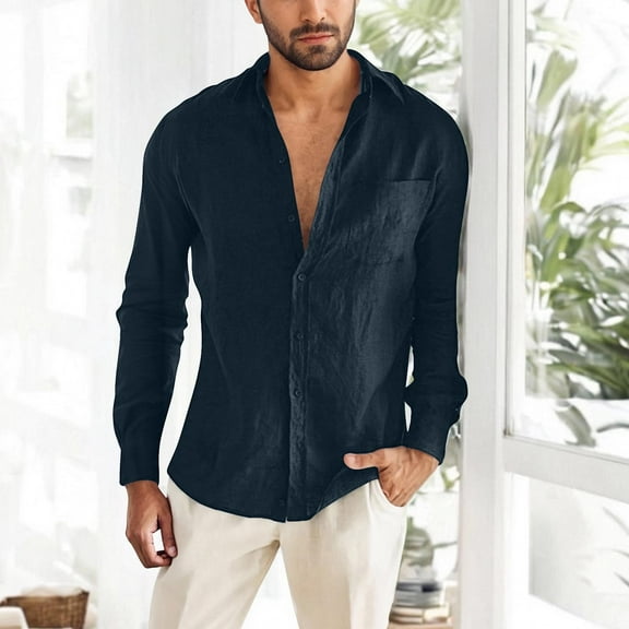 SYMOID Mens Navy 100% Cotton Long Sleeve Button Down Shirt - Relaxed Fit with Spread Collar & Chest Pocket, Breathable for Everyday Casual Wear,Size M