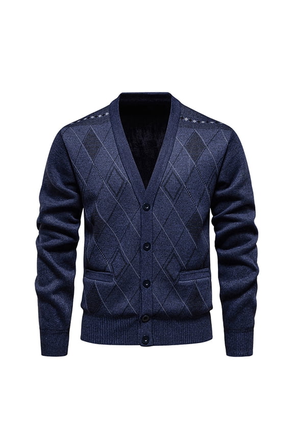 Mens Navy Argyle Knit Cardigan Sweaters - Button-Front V-Neck with Front Pockets, Acrylic Ribbed Cuffs/Hem for Fall/Winter Layering (M/L/XL/XXL),Size XL