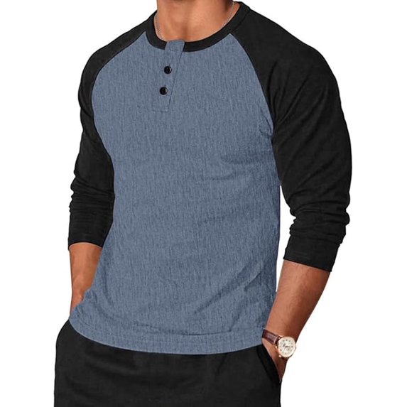 SYMOID Mens Raglan Henley Shirt - Light Blue Long Sleeve, Soft Stretch Polyester-Spandex, Inclusive Sizes M-XXXXXL for Casual Daily & Layering,Size 3XL