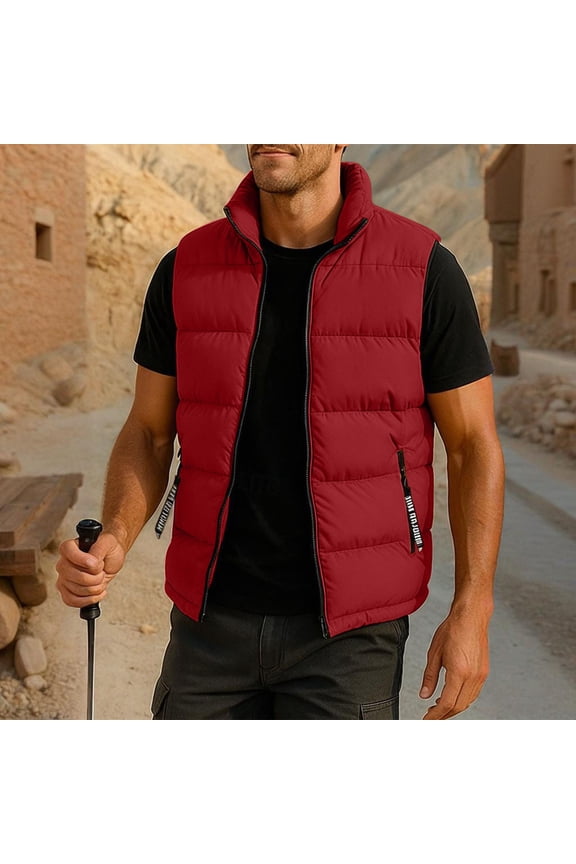 Mens Red Warm Puffer Vest - 100% Polyester, Stand Collar, Zipper Closure & Side Zipper Pockets, Sizes M-XXXXXL for Daily Wear & Outdoor Use,Size 5XL