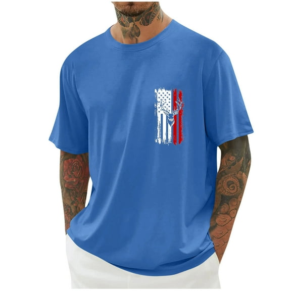 SYMOID Mens Spring/Summer Fashion Print Round Neck Short Sleeve Casual Shirt,Blue,Size XL