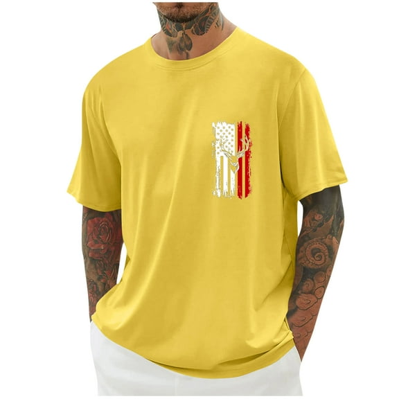 SYMOID Mens Spring/Summer Fashion Print Round Neck Short Sleeve Casual Shirt,Yellow,Size S