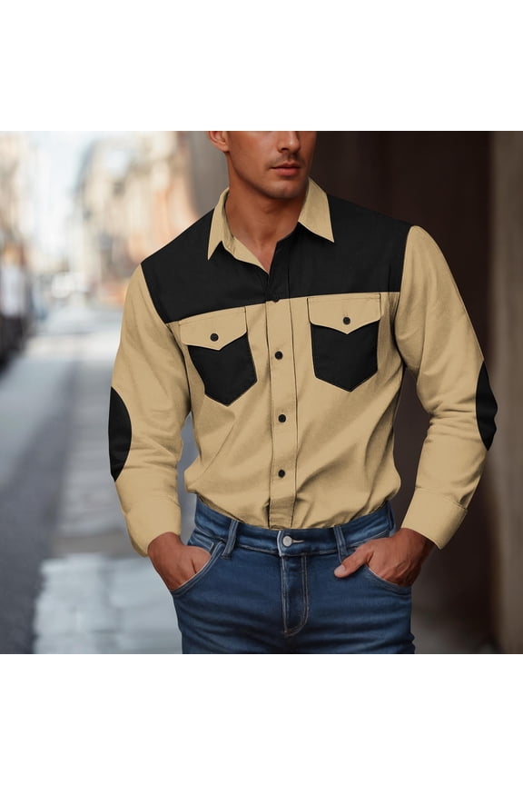 Mens Stretch Long Sleeve Button Down Shirt - Color Block Western Inspired, Black with Chest Flap Pockets, S to XXXXXL,Size 3XL