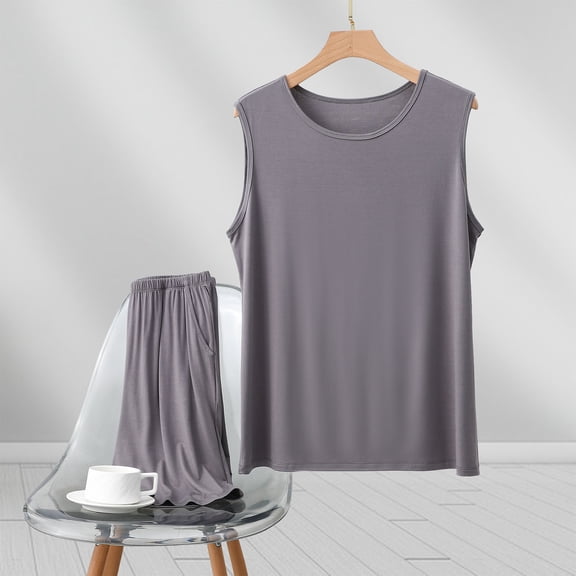 SYMOID Mens Thin Ice Silk Loose Sleeveless Shorts Matching Pajama Set for Home and Summer,Dark Gray,Size XL