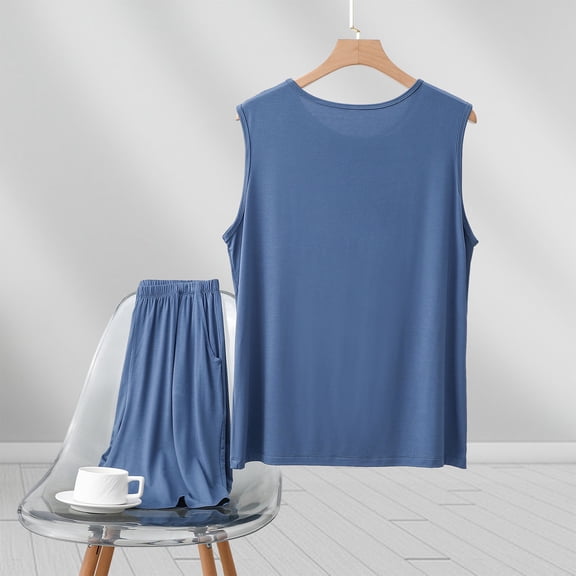 SYMOID Mens Thin Ice Silk Loose Sleeveless Shorts Matching Pajama Set for Home and Summer,Navy,Size XL