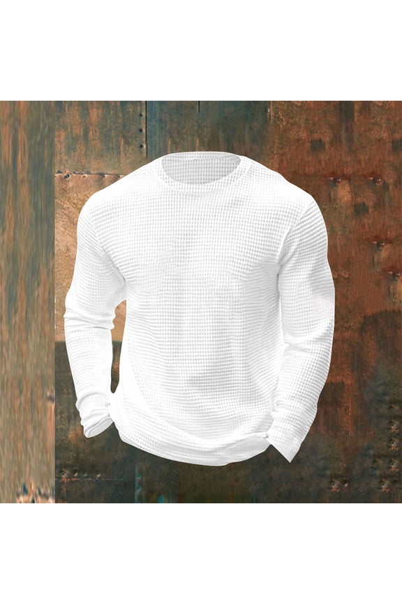 Mens Waffle Knit Long Sleeve Shirt - Slim Fit Crew Neck, Stretch & Breathable, White, Sizes S to XXXXXL,Size L