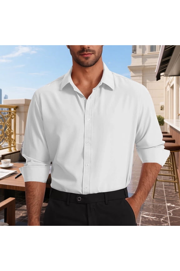 Mens White Long Sleeve Dress Shirt - 100% Polyester, Wrinkle Resistant & Easy Care, Classic Spread Collar, S-XXXL for Business & Daily Casual Wear,Size XL