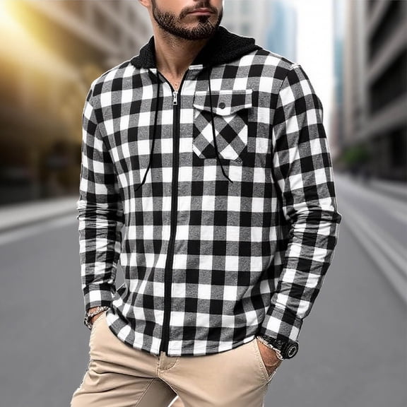 SYMOID Mens White Plaid Zip-Up Hooded Shirt - Polyester-Cotton Blend, Soft Breathable for Daily Casual Wear & Spring/Fall Outings,Size M