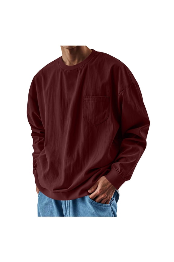 Mens Wine Soft Polyester Long Sleeve Shirt - Relaxed Fit, Chest Pocket, Machine-Washable, Extended Sizes S-XXXXL,Size L