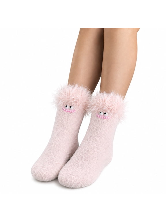 Monster Face Fuzzy Crew Socks Women Pink Cozy Plush Warm Cozy Socks Christmas Home Lounge,Free Size