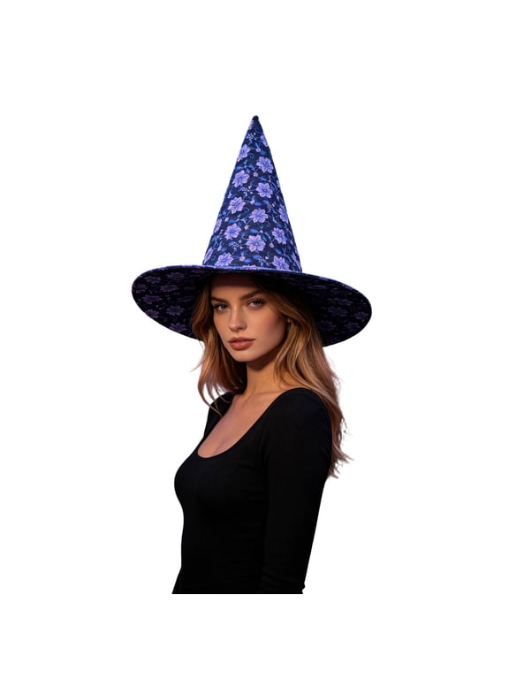 Multicolor Floral Print Witch Hat for Women, Hall-oween Costume Pointed Wide Brim Gothic Party Headwear Hats,Size