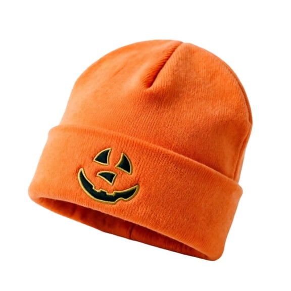 SYMOID Orange Acrylic Winter Skull Cap, Hall-oween Pumpkin Face Embroidered Cuffed Knit Beanie for Men Women Hats,Size Free Size