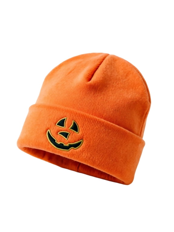 Orange Acrylic Winter Skull Cap, Hall-oween Pumpkin Face Embroidered Cuffed Knit Beanie for Men Women Hats,Size Free Size