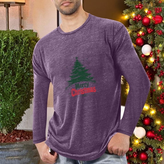 SYMOID Pajamas Christmas Long Sleeve Shirt for Men - Purple, Vintage Christmas Tree & Merry Christmas Graphic, Relaxed Fit, Soft Stretch Fabric, Sizes M-XXXXL,Size 4XL