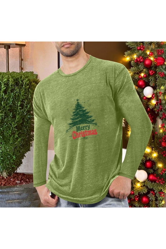 Pajamas Holiday Long Sleeve Christmas Shirt for Men - Green, Vintage Christmas Tree & Merry Christmas Graphic, Relaxed Fit, Soft Stretch Fabric, Sizes M-XXXXL,Size M