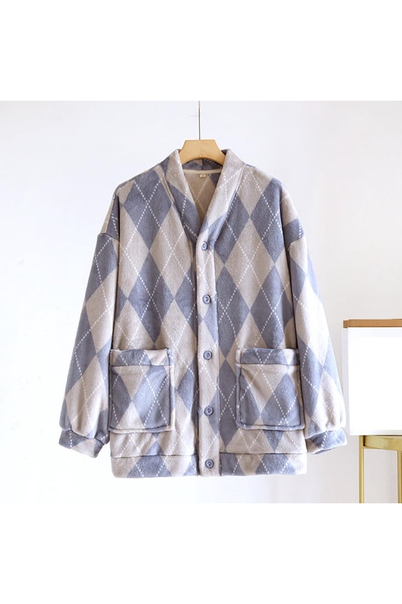 Pajamas Mens Argyle Cardigan 100% Polyester Blue Relaxed Fit Button-Front with Pockets Long Sleeve Mid-Length for Fall Winter Casual Loungewear/Outings,Size XL