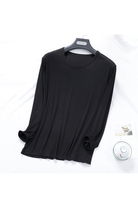 Pajamas Mens Black Long Sleeve Crew Neck Top - Soft Breathable Modal Cotton Polyester Blend, Relaxed Fit, Up to 4XL for Casual Daily Wear & Home Loungewear,Size L