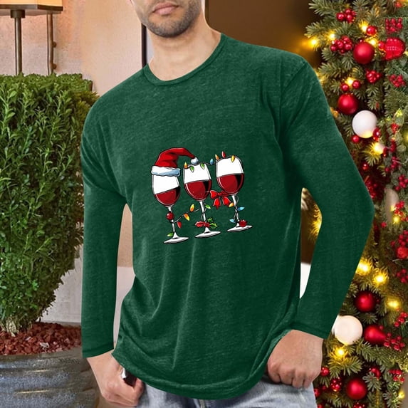 SYMOID Pajamas Mens Christmas Long Sleeve Shirt with Wine Glass Graphic - Army Green, Soft Stretch (60%Poly/35%Cotton/5%Spandex), M-XXXXL, Festive Holiday Casual Top,Size XL