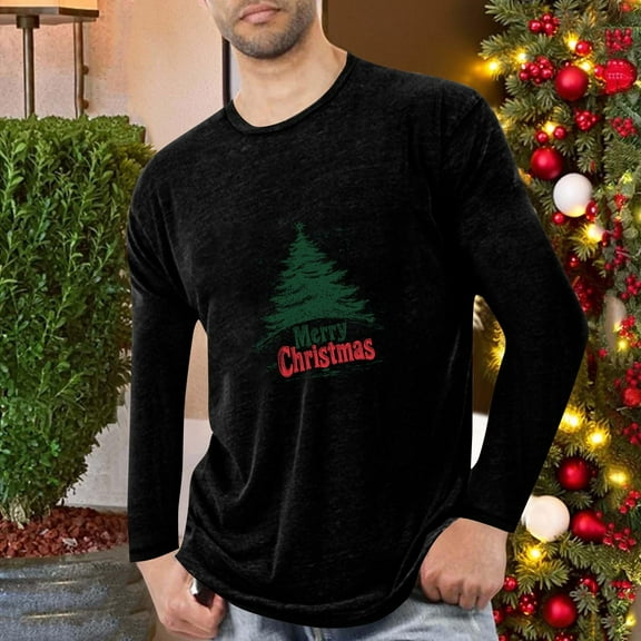 SYMOID Pajamas Mens Christmas Long Sleeve T-Shirt - Black, Vintage Christmas Tree & Merry Christmas Graphic, Relaxed Fit, Soft Stretch Fabric, Sizes M-XXXXL,Size XL