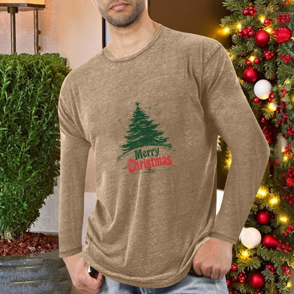SYMOID Pajamas Mens Holiday Long Sleeve Christmas Shirt - Khaki, Vintage Christmas Tree & Merry Christmas Graphic, Relaxed Fit, Soft Stretch Fabric, Sizes M-XXXXL,Size XL