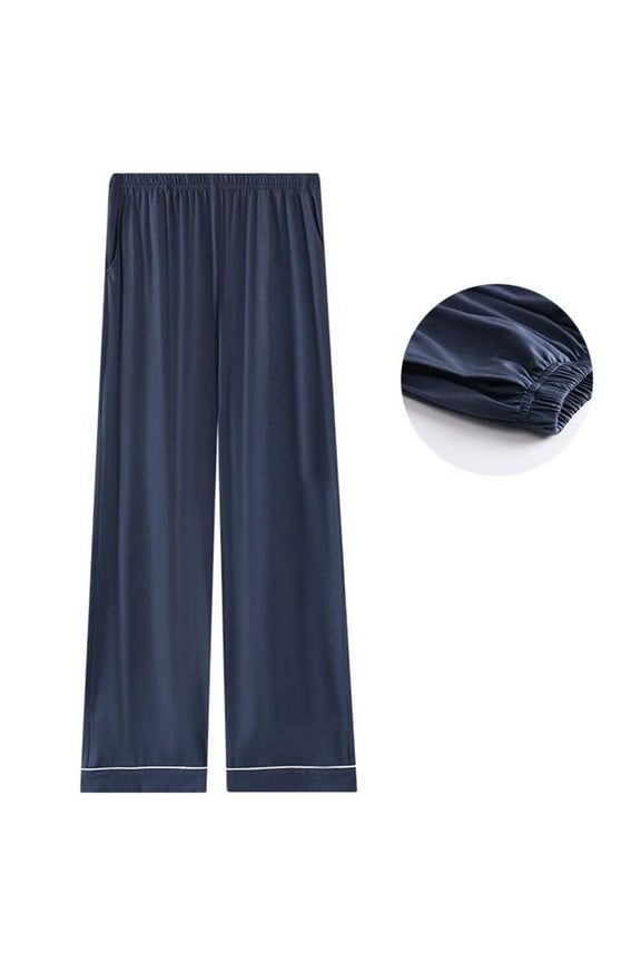 Pajamas Mens Navy Sleep Pants - Modal Cotton Polyester, Plus Size (L-XL-XXL-XXXL), Wide Leg Elastic Waist with Side Pockets, Soft Breathable At-Home Lounge Wear,Size XL