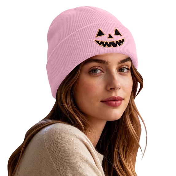 SYMOID Pink Embroidered Pumpkin O'Lantern Beanie - Cuffed Ribbed Knit Winter Hat for Unisex Hats,Size Free Size