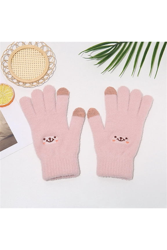 Pink Touchscreen Gloves for Women - Warm Acrylic Winter Gloves with Cute Embroidery, Full Finger, One Size Fits Female Teens for Cold Weather,Size Free Size