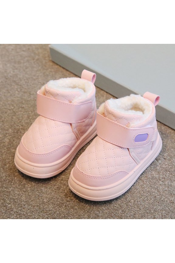 Pink Winter Warm Fleece Lined Boots for Girls - 100% Polyester Mid-Top Quilted Velcro Closure Slip Resistant Kids Shoes (2-8 Years Old),Size 26