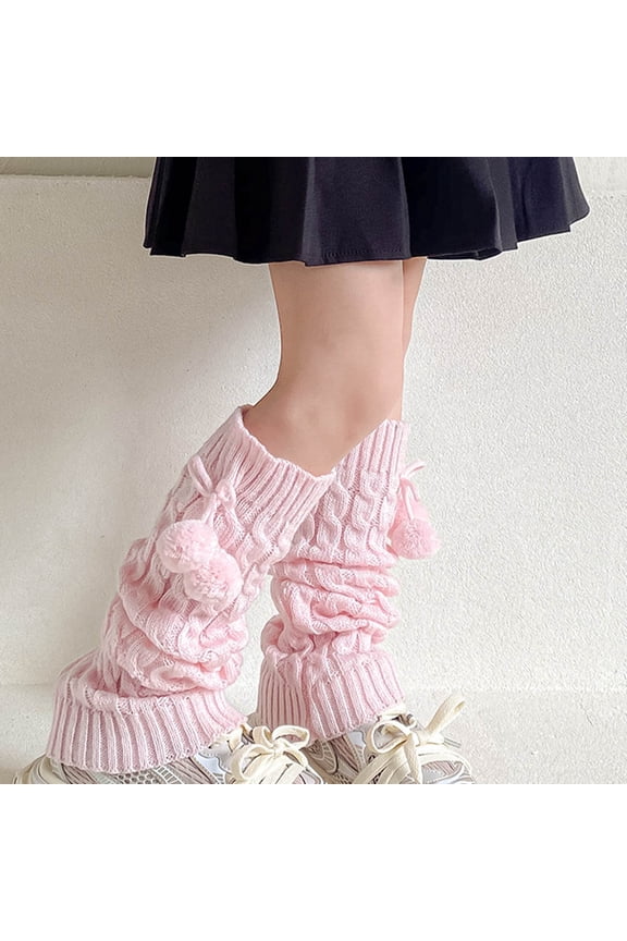 Pink Womens Knitted Leg Warmers - Acrylic Oversized Slouchy Cable Knit with Pom Poms, Warm Non-Slip One Size Fits Most for Winter Casual Wear,Size 3-15T