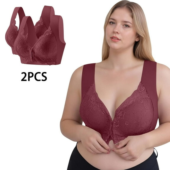 SYMOID Plus Size 3XL Womens 2 Pack Wireless Lace Bras, Wine Color, Comfortable Everyday Bra with Wide Straps for All-Day Wear