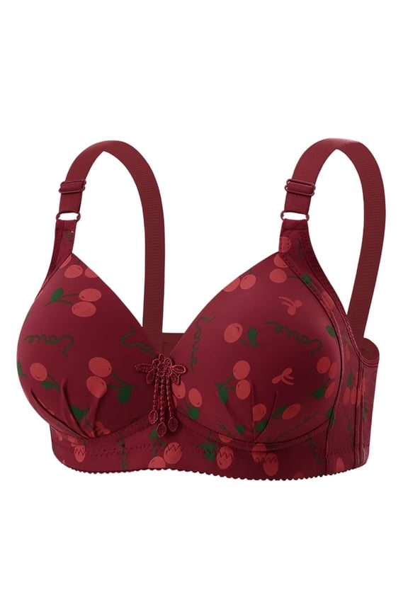 Plus Size Wireless Comfort Bra Womens Seameless Pullover Triangle Cherry Print Red 38-44,Size 44