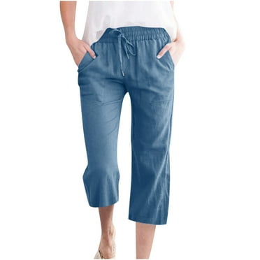 SYMOID Plus Size Womens Capris,Summer Linen Blend Pants for Women,Cotton Linen Capris with Pockets,Drawstring Ladies Capris Pants,Blue,5XL