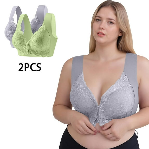 SYMOID Plus Size Womens Front Closure Bras - Comfortable Full Coverage with Wide Straps, Lace Detail, 2 Pack, Gray, Size 5XL
