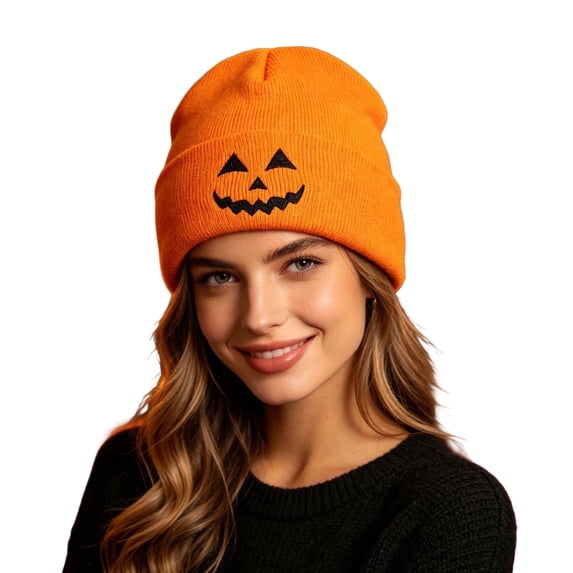 SYMOID Pumpkin Beanie Embroidered Cuffed Knit Yellow Unisex Hall-oween Winter Hats,Size