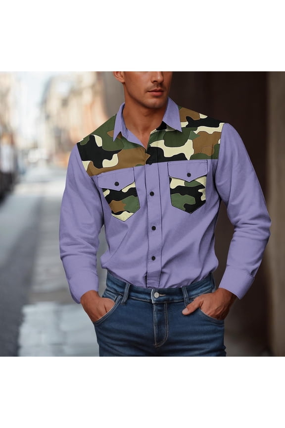 Purple Camo Long Sleeve Button Down Shirt for Men - Polyester Spandex Blend, Chest Pockets, Wrinkle-Resistant for Casual & Outdoor Use,Size 5XL