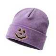 thumbnail image 1 of SYMOID Purple Cuffed Knit Beanie, Hall-oween Pumpkin Face Embroidered Acrylic Winter Skull Cap for Men Women Hats,Size Free Size, 1 of 6