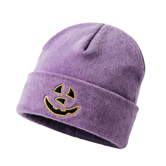 SYMOID Purple Cuffed Knit Beanie, Hall-oween Pumpkin Face Embroidered Acrylic Winter Skull Cap for Men Women Hats,Size Free Size