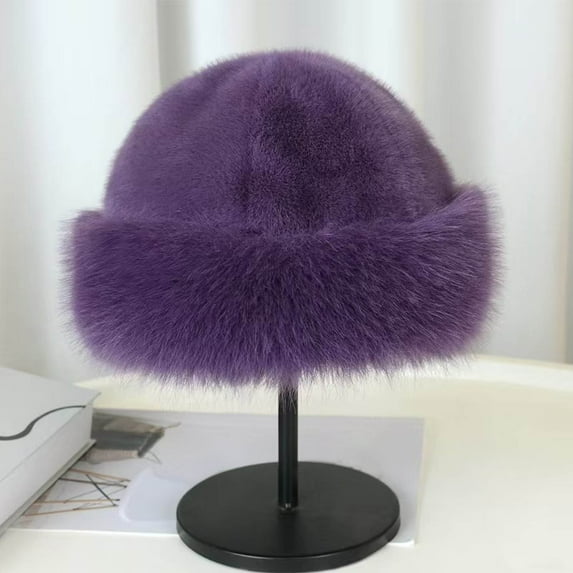 SYMOID Purple Faux Faux Fur Bucket Hat for Women - Winter Warm Plush Polyester Hat, One Size Fits Most, Stylish Retro Headwear for Cold Weather & Casual Gatherings,Size Free Size