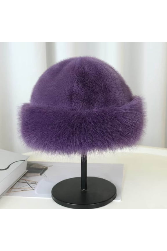 Purple Faux Faux Fur Bucket Hat for Women - Winter Warm Plush Polyester Hat, One Size Fits Most, Stylish Retro Headwear for Cold Weather & Casual Gatherings,Size Free Size