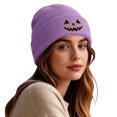thumbnail image 1 of SYMOID Purple Knit Beanie with Embroidered Pumpkin O'Lantern - Cuffed Ribbed Winter Hat for Unisex Hats,Size Free Size, 1 of 7