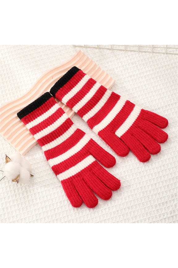 Red Striped Winter Gloves for Women - Acrylic, One Size Fits Most, Warm Cold Weather Accessory,Size Free Size