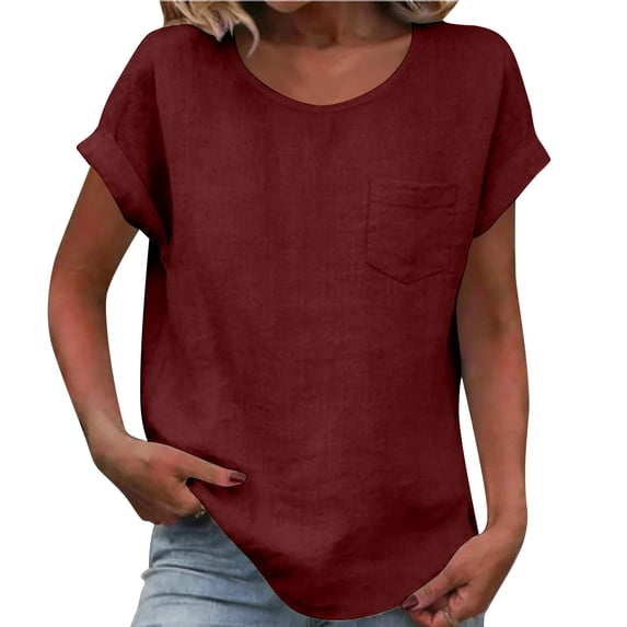 SYMOID Red Womens Cotton Linen Blend Short Sleeve T-Shirt Loose Fit Crew Neck Top with Chest Pocket Curved Hem Breathable Casual Summer,Size L