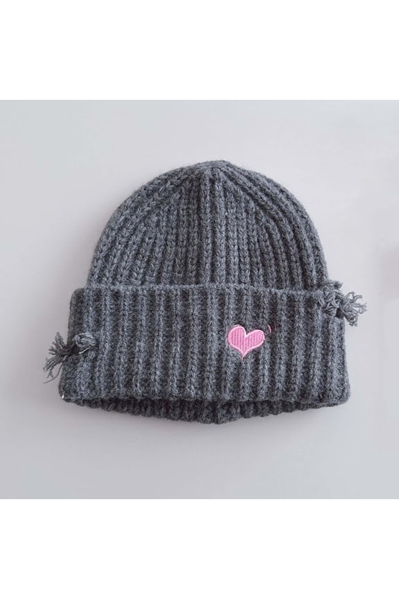 Ribbed Cuffed Knitted Cotton Beanie - Unisex One Size Fits Most with Embroidered Heart & Fringed Accents, Gray Casual Winter Hat,Size Free Size