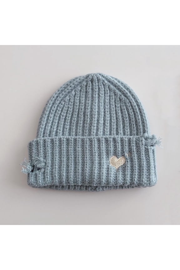 Ribbed Knit Cotton Beanie - Unisex Cuffed with Embroidered Heart & Fringed Accents, One Size Fits Most Blue Casual Winter Hat,Size Free Size